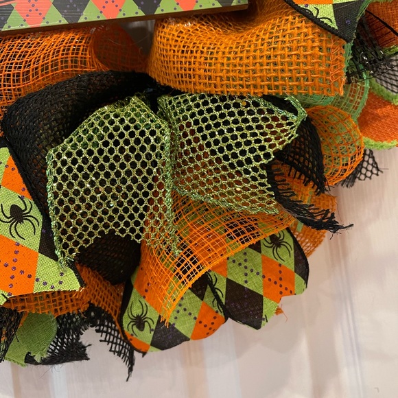 Halloween Wreath Happy Halloween BLK, orange, lime argyle Spider GLITTER wreath - Picture 7 of 7